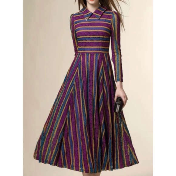 NEXIIA STYLEWE Lace Long-Sleeved Midi Dress Multicolored Stripes NEW - Picture 16 of 16
